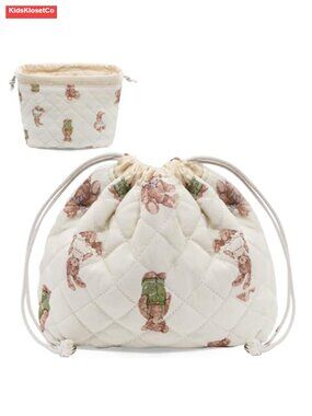 Quilted Cotton Drawstring Makeup Bag Travel Toiletry Organizer Cosmetic Pouch